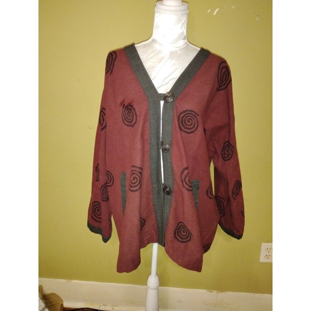 Thick Cotton Nepalese Cardigan XL slant pockets and geometric swirls GORGEOUS